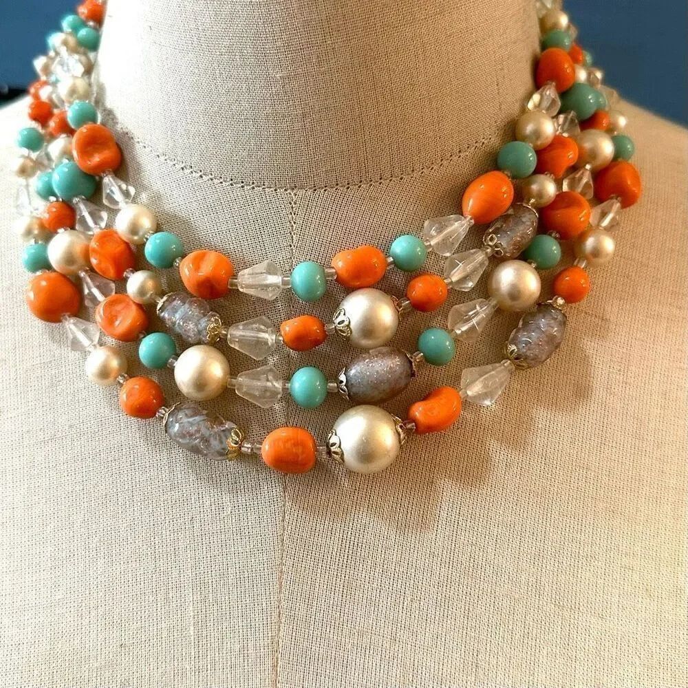 Blue Orange beaded triple strand vintage necklace